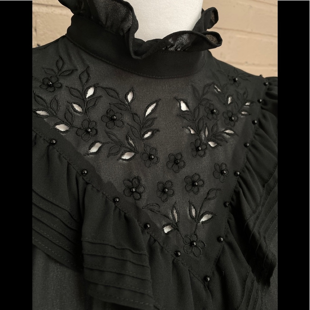 Vintage black ruffle collar shear blouse  XL - Picture 3 of 12